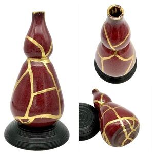 Kintsugi Vase 10” Glazed Pottery Wood Base Gold Crack Art Personal Growth Gift